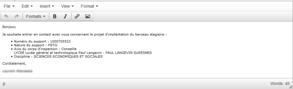 Texte de la demande de contact